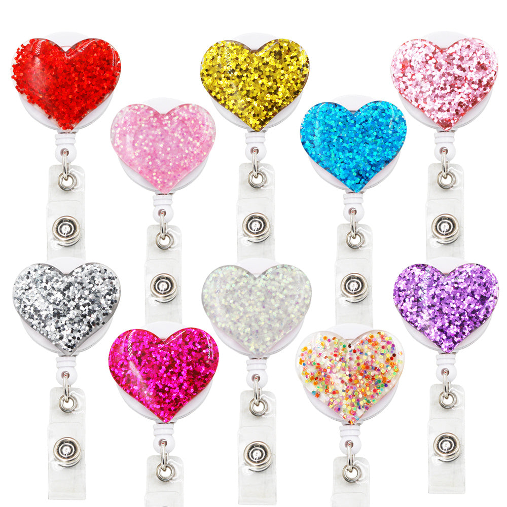 Bling Glitter Heart Retractable Badge Reel — Nurse ID Badge Holder with Alligator Clip