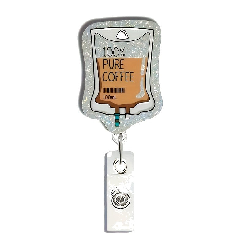 "100% Pure Coffee" IV Bag Badge Reel — Funny Nurse Retractable ID Holder with Alligator Clip