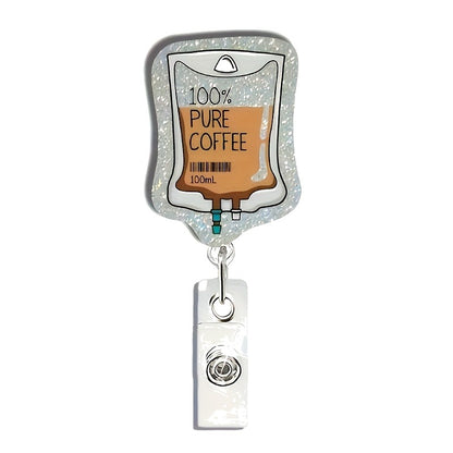 "100% Pure Coffee" IV Bag Badge Reel — Funny Nurse Retractable ID Holder with Alligator Clip