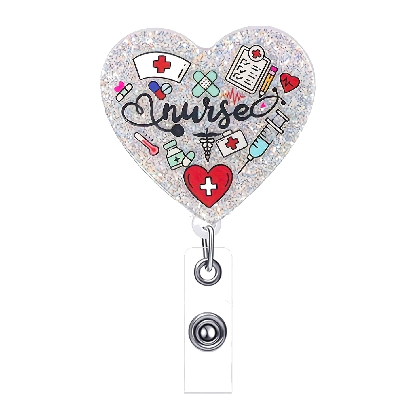 Nurse Heart Glitter Badge Reel — Retractable ID Holder with Alligator Clip
