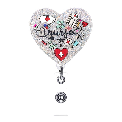 Nurse Heart Glitter Badge Reel — Retractable ID Holder with Alligator Clip