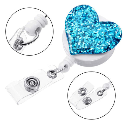 Bling Glitter Heart Retractable Badge Reel — Nurse ID Badge Holder with Alligator Clip