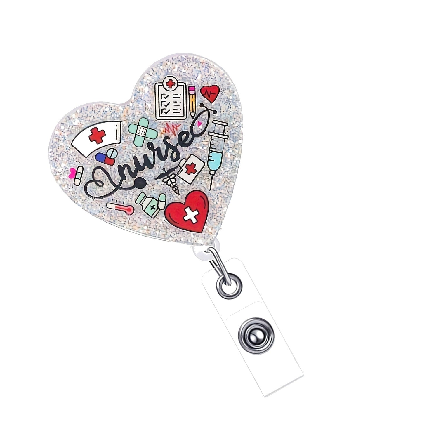 Nurse Heart Glitter Badge Reel — Retractable ID Holder with Alligator Clip
