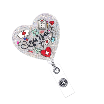 Nurse Heart Glitter Badge Reel — Retractable ID Holder with Alligator Clip