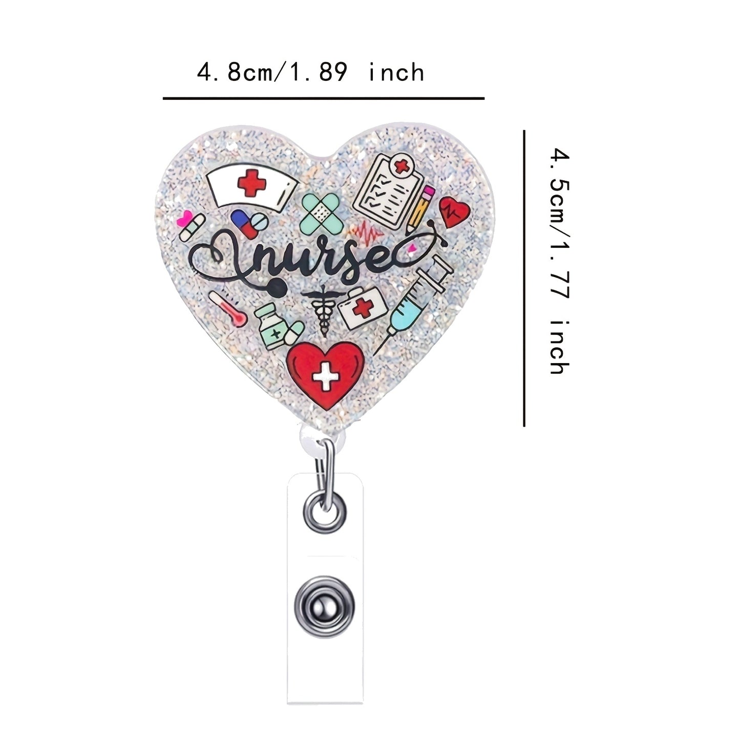 Nurse Heart Glitter Badge Reel — Retractable ID Holder with Alligator Clip