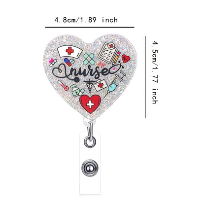 Nurse Heart Glitter Badge Reel — Retractable ID Holder with Alligator Clip