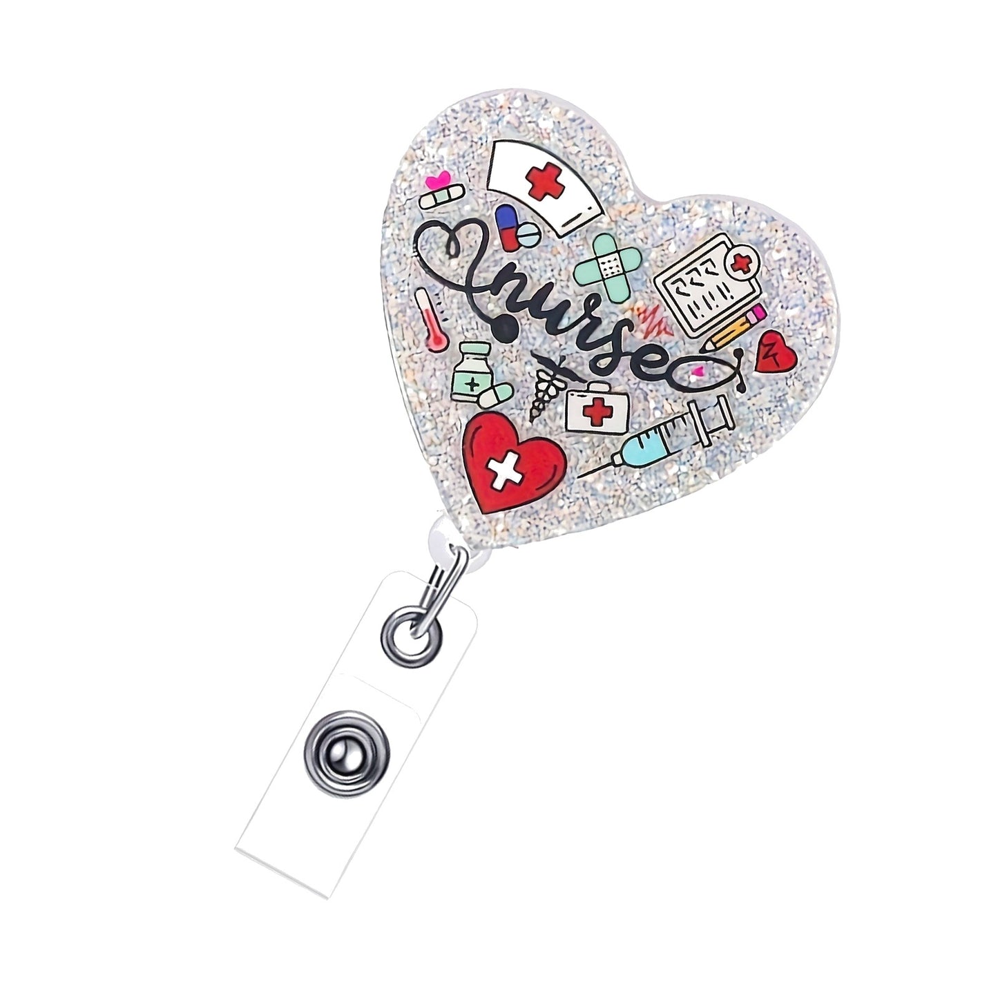 Nurse Heart Glitter Badge Reel — Retractable ID Holder with Alligator Clip