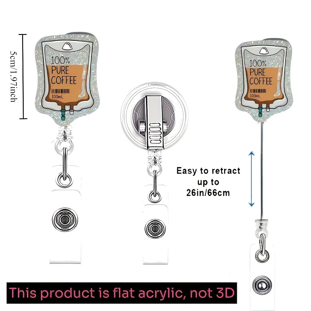 "100% Pure Coffee" IV Bag Badge Reel — Funny Nurse Retractable ID Holder with Alligator Clip