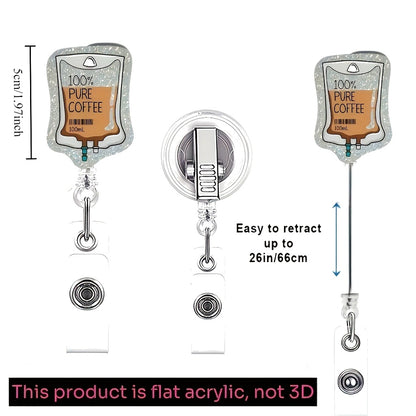 "100% Pure Coffee" IV Bag Badge Reel — Funny Nurse Retractable ID Holder with Alligator Clip