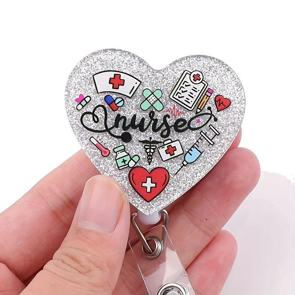 Nurse Heart Glitter Badge Reel — Retractable ID Holder with Alligator Clip