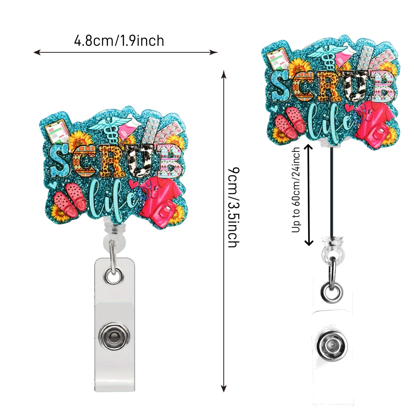Scrub Life Glitter Badge Reel — Retractable Nurse ID Holder with Alligator Clip