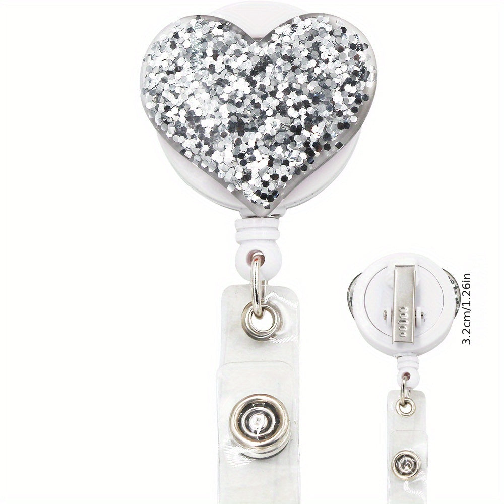 Bling Glitter Heart Retractable Badge Reel — Nurse ID Badge Holder with Alligator Clip