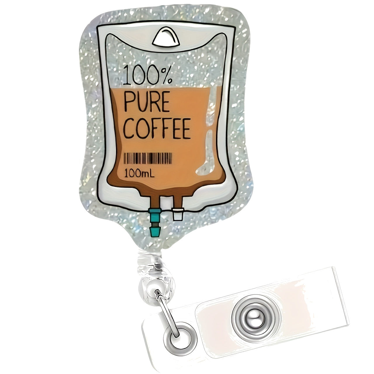 "100% Pure Coffee" IV Bag Badge Reel — Funny Nurse Retractable ID Holder with Alligator Clip