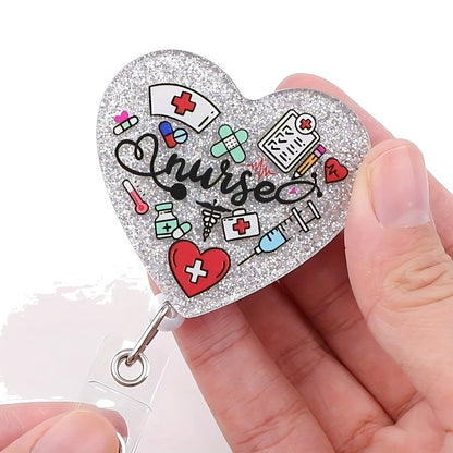 Nurse Heart Glitter Badge Reel — Retractable ID Holder with Alligator Clip