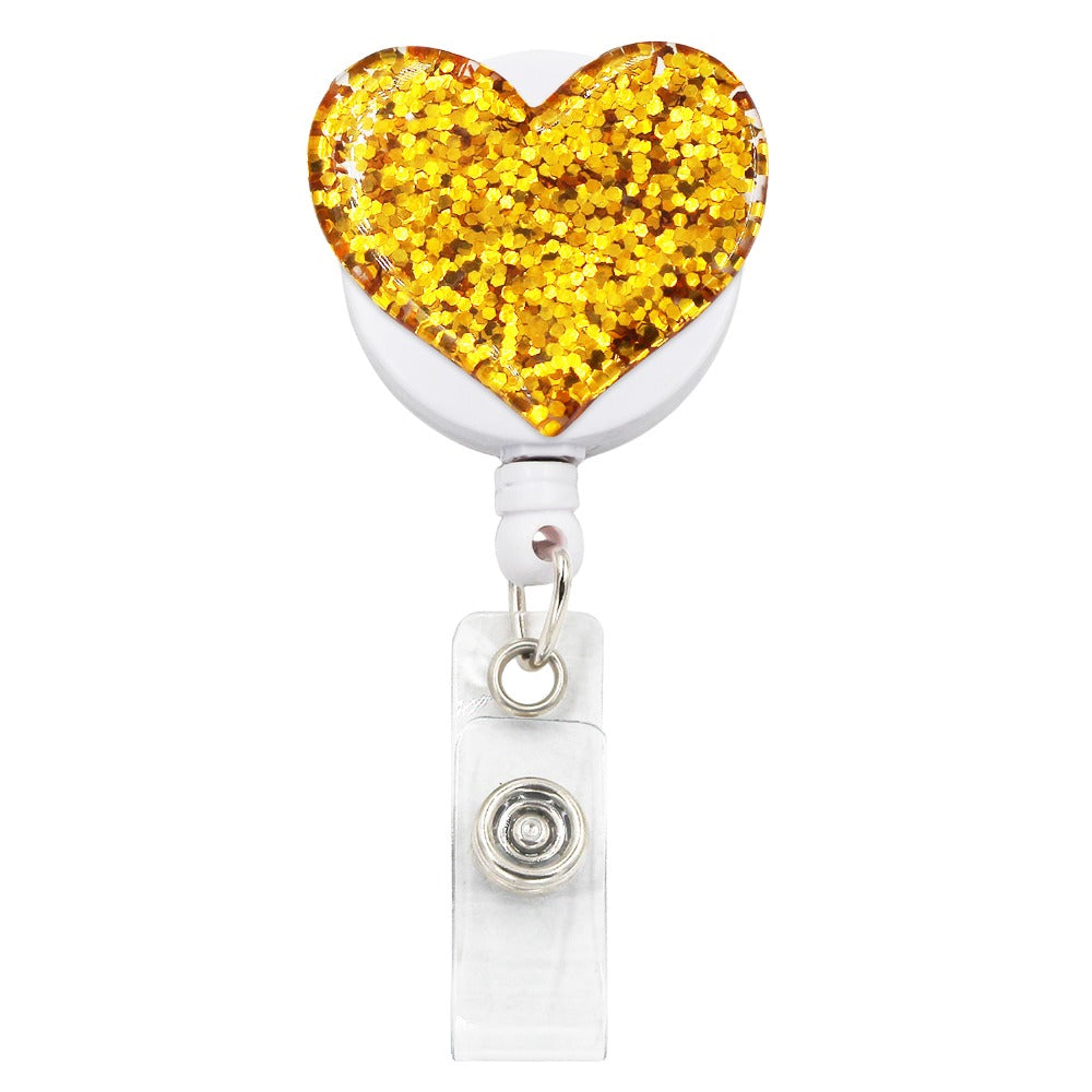 Bling Glitter Heart Retractable Badge Reel — Nurse ID Badge Holder with Alligator Clip