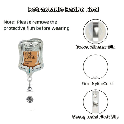 "100% Pure Coffee" IV Bag Badge Reel — Funny Nurse Retractable ID Holder with Alligator Clip