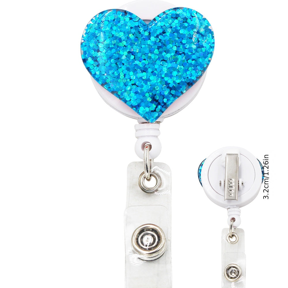 Bling Glitter Heart Retractable Badge Reel — Nurse ID Badge Holder with Alligator Clip