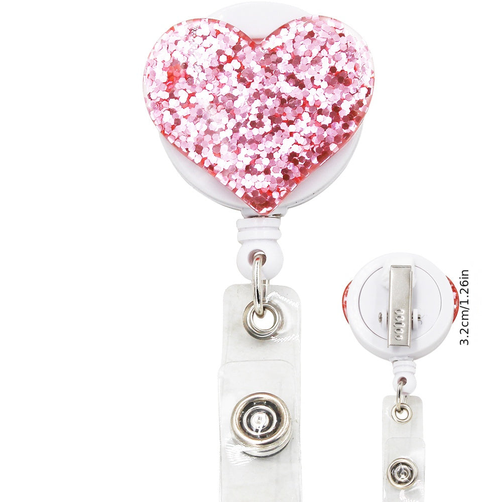 Bling Glitter Heart Retractable Badge Reel — Nurse ID Badge Holder with Alligator Clip