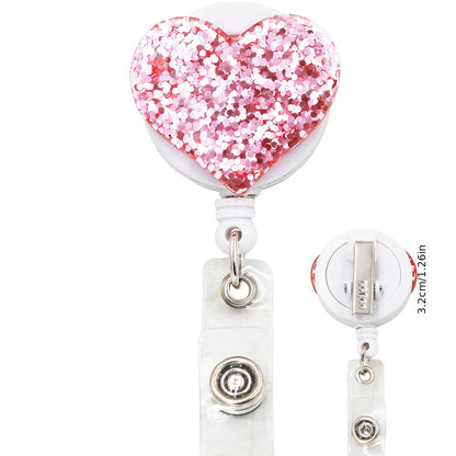 Bling Glitter Heart Retractable Badge Reel — Nurse ID Badge Holder with Alligator Clip