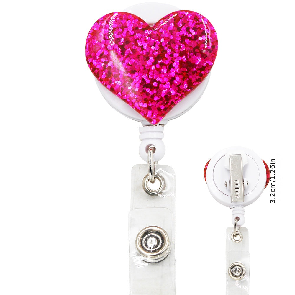 Bling Glitter Heart Retractable Badge Reel — Nurse ID Badge Holder with Alligator Clip