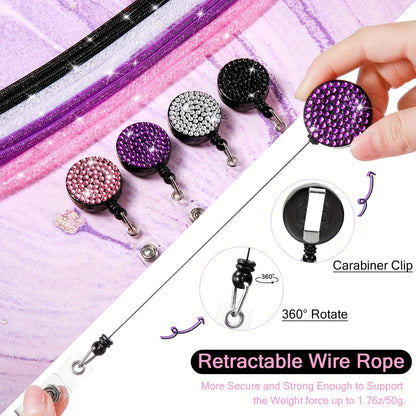 Rhinestone Bling Lanyard Set — ID Card Holder & Retractable Badge Reel