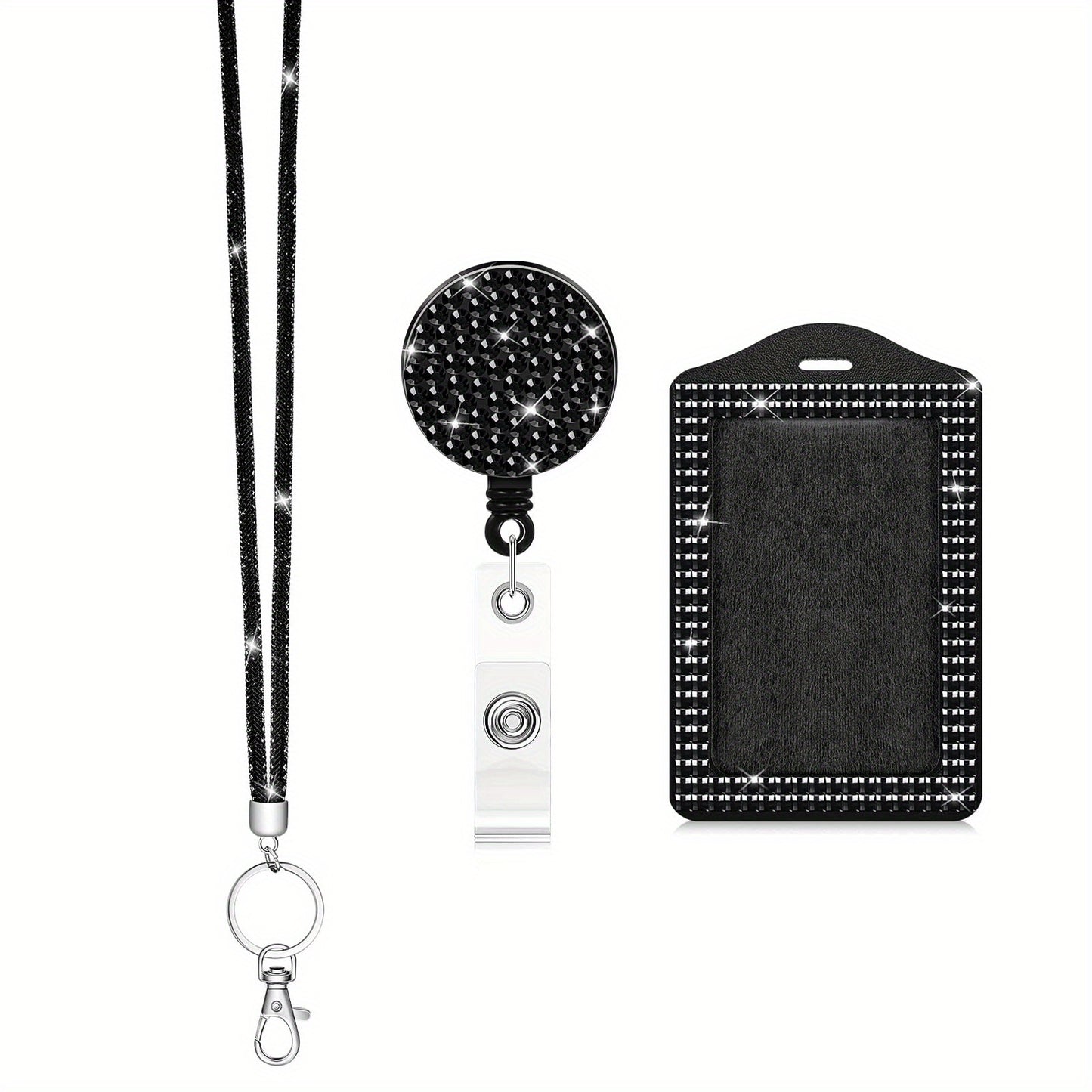 Rhinestone Bling Lanyard Set — ID Card Holder & Retractable Badge Reel