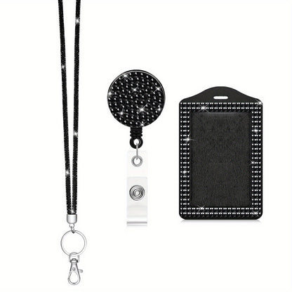 Rhinestone Bling Lanyard Set — ID Card Holder & Retractable Badge Reel