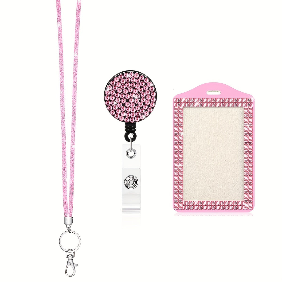 Rhinestone Bling Lanyard Set — ID Card Holder & Retractable Badge Reel