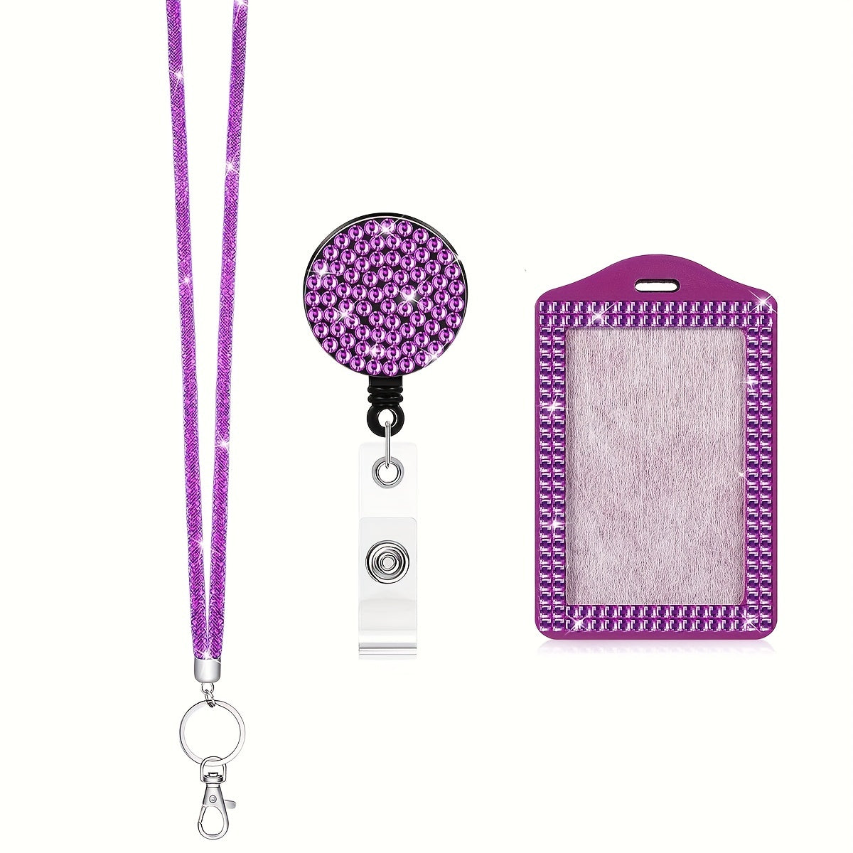 Rhinestone Bling Lanyard Set — ID Card Holder & Retractable Badge Reel