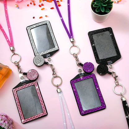 Rhinestone Bling Lanyard Set — ID Card Holder & Retractable Badge Reel