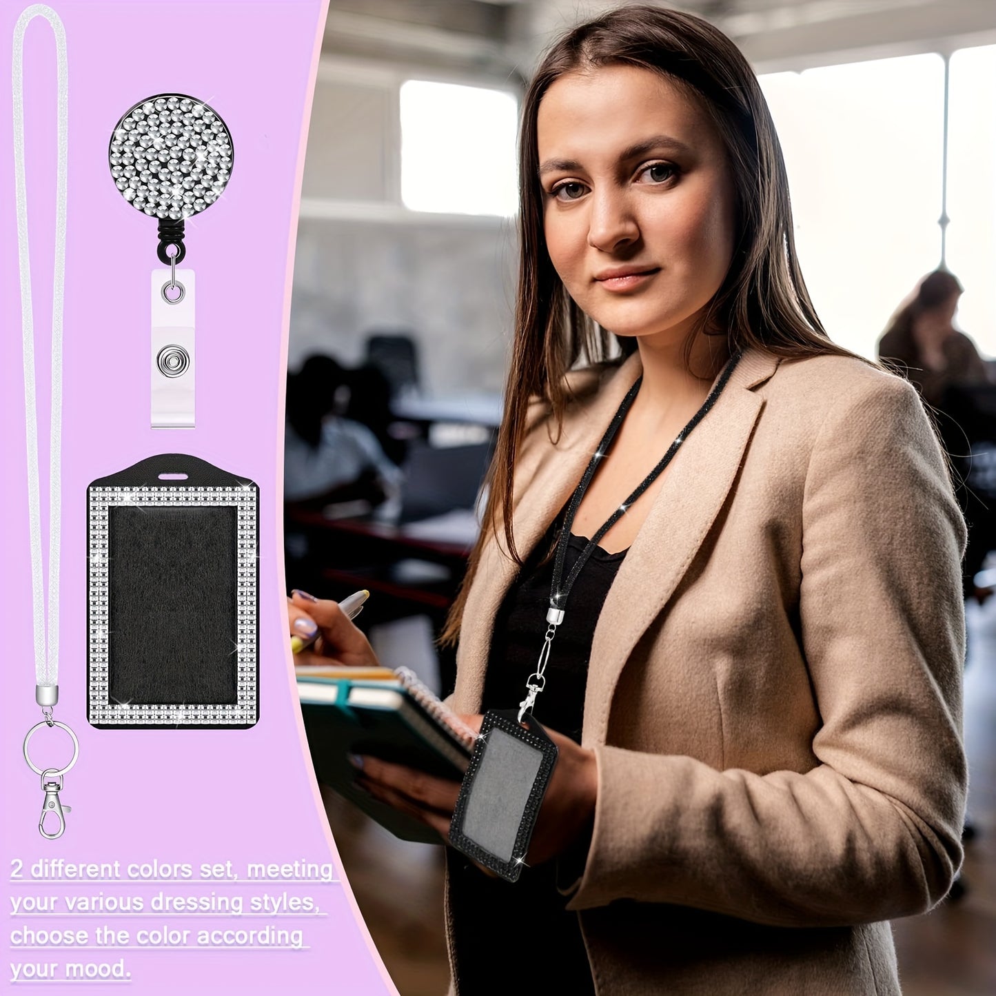 Rhinestone Bling Lanyard Set — ID Card Holder & Retractable Badge Reel