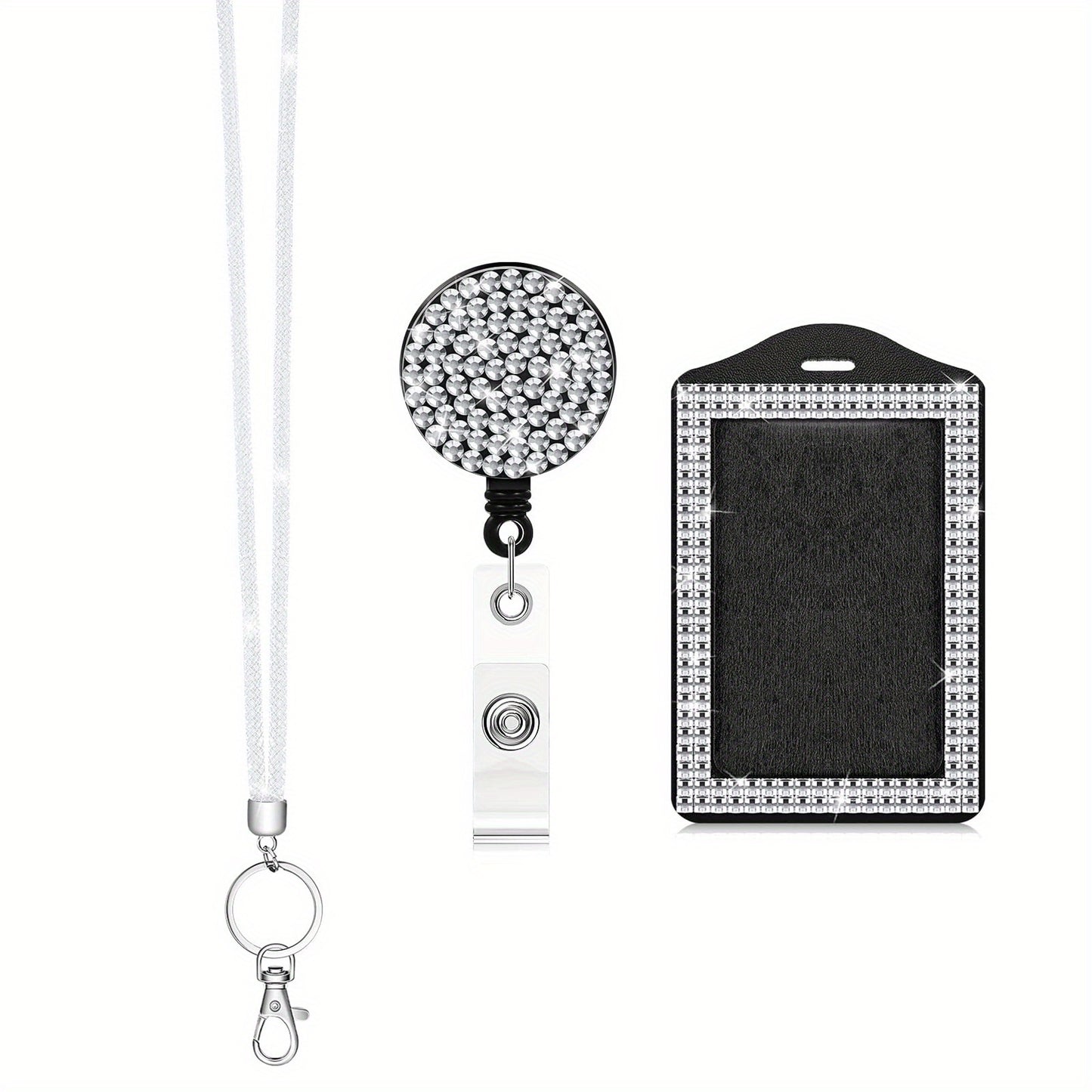Rhinestone Bling Lanyard Set — ID Card Holder & Retractable Badge Reel