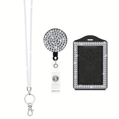 Rhinestone Bling Lanyard Set — ID Card Holder & Retractable Badge Reel