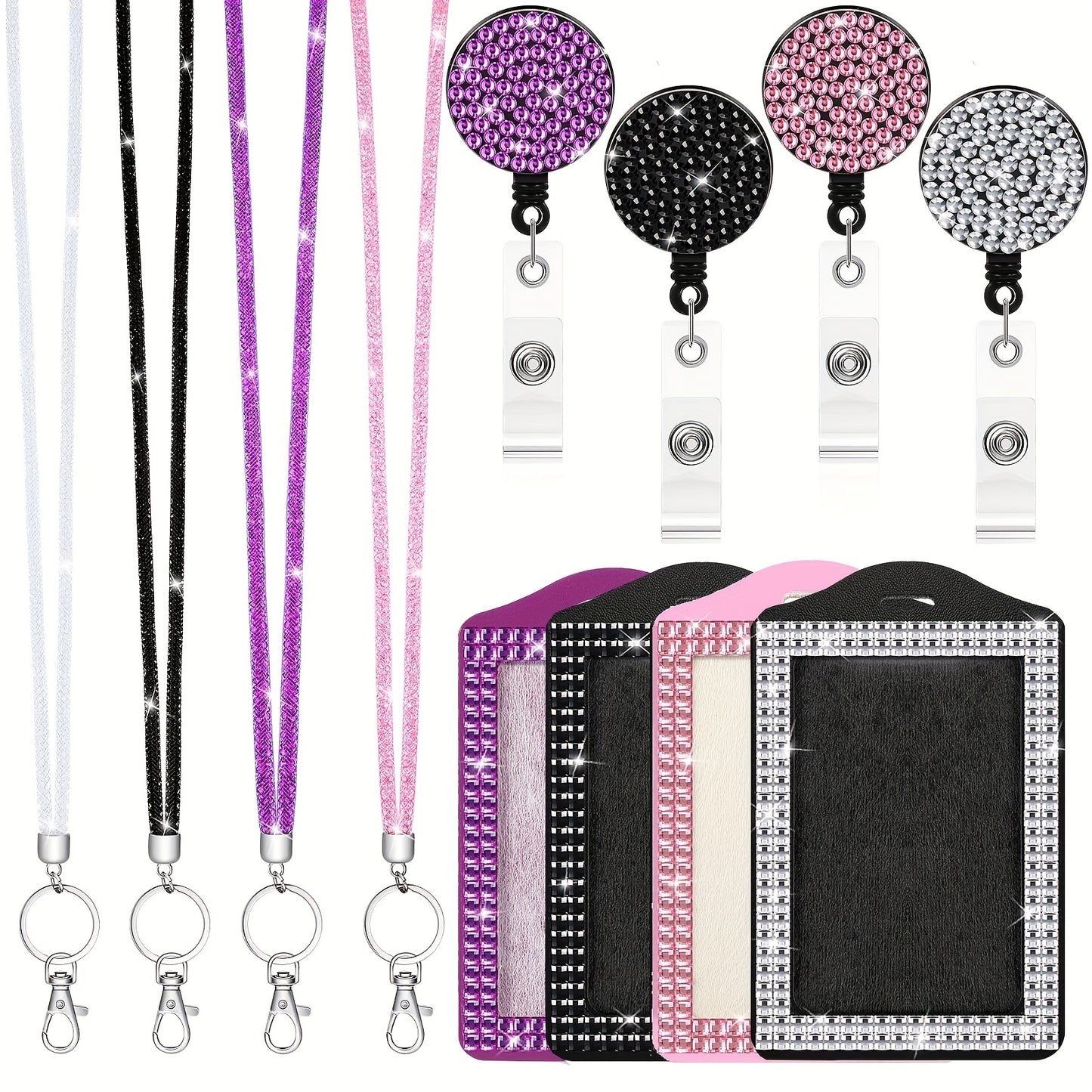 Rhinestone Bling Lanyard Set — ID Card Holder & Retractable Badge Reel